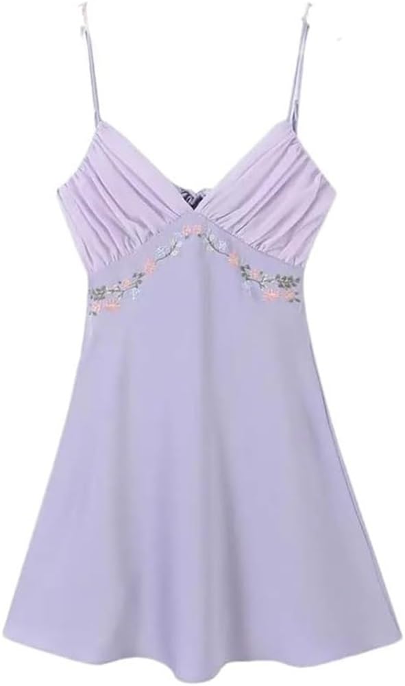 Floral Embroidery Slip Dress Women Backless V Neck Mini Skirt Summer Holiday Beach Robe Nightgown Loungewear