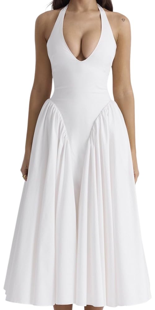 Women's Sexy Sleeveless Summer Dress Backless Deep V Neck Halter Bodycon Maxi Party Dress Beach Vacation Sundress