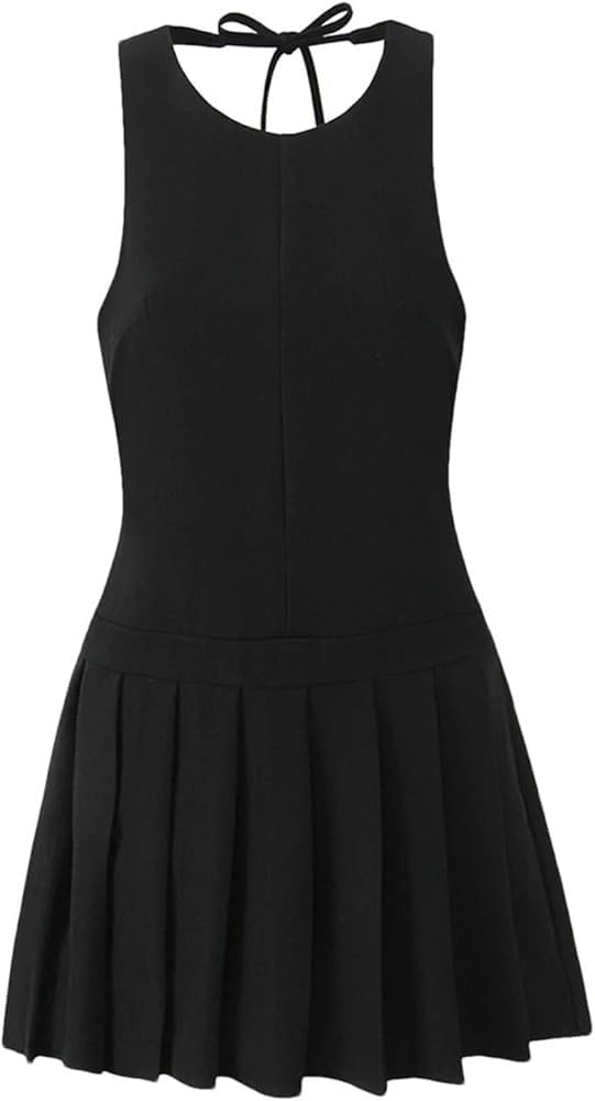 Solid Pleated Mini Dress Women Sleeveless O Neck Backless Summer Casual Short Dresses for Daily Party Outfits