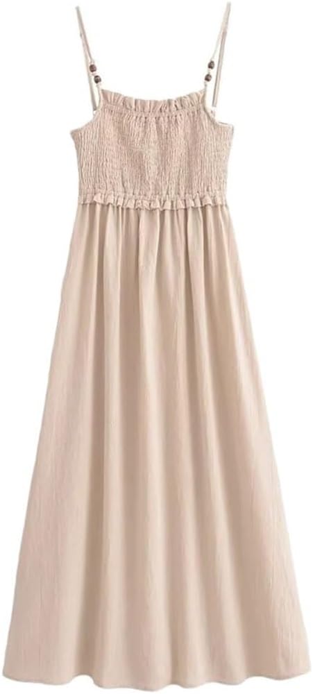 Grid Detail Slip Dress Women Slim Fit Midi Length Hanging Strap Summer Casual Dresses for Daily Date Outfits