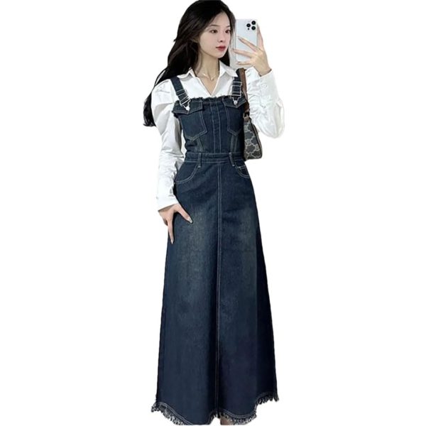 Women Spring Summer A- Line Tassel Jeans Dress Long Streetwear Vintage Strap Denim Dress