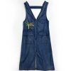Women Summer Sleeveless Denim Dress V-Neck Zipper Embroidery Vintage Midi Dress Pockets Overall Jeans Dress