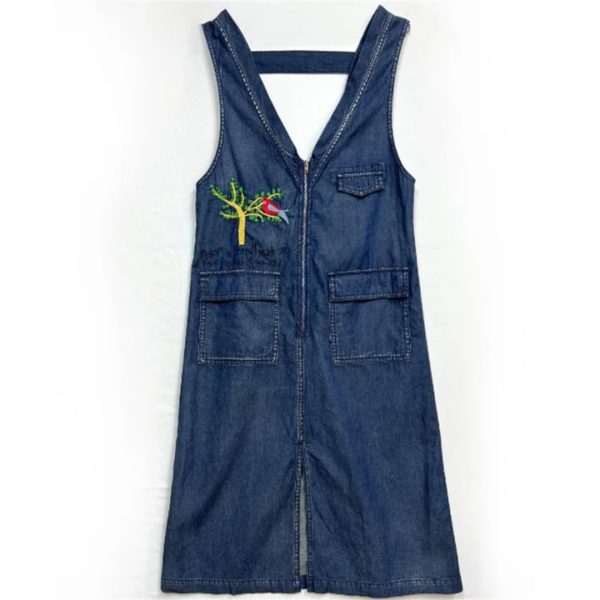 Women Summer Sleeveless Denim Dress V-Neck Zipper Embroidery Vintage Midi Dress Pockets Overall Jeans Dress