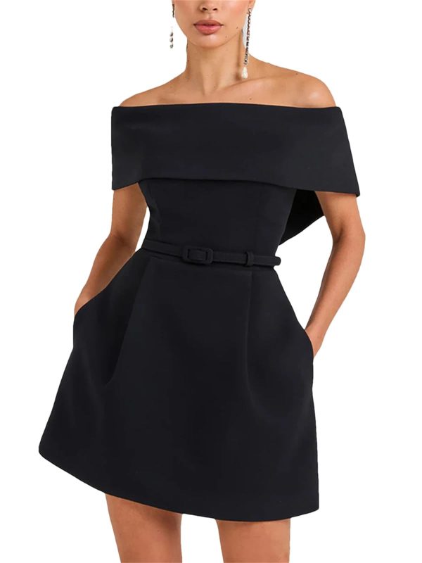 Women’s Off-Shoulder Patchwork Dress - Slash Neck Backless Evening Gown