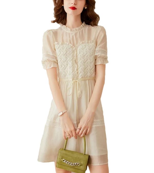 Women Dress Stringy Selvedge Round Neck Short Sleeve Lace Hollow Out Sweat Elegant Short Dress