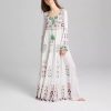 Women's Boho Embroidery Long-Sleeved Floral V Neck Holiday Maxi Dresses