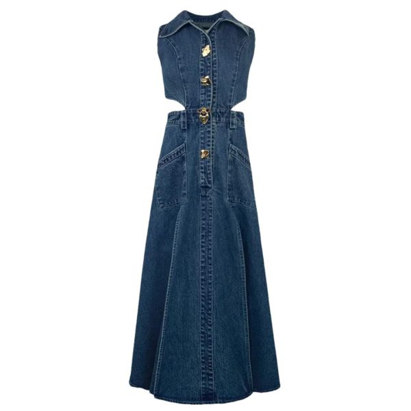 Women Elegant One-Piece with Slit Cut-Out Blue Jean Sundress Sleeveless Denim Dress