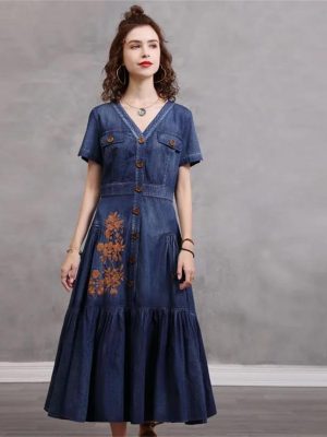 Women Vintage Short Sleeve Single Breasted Embroidery Floral Retro Dresses V-Neck A-Line Pleated Dress