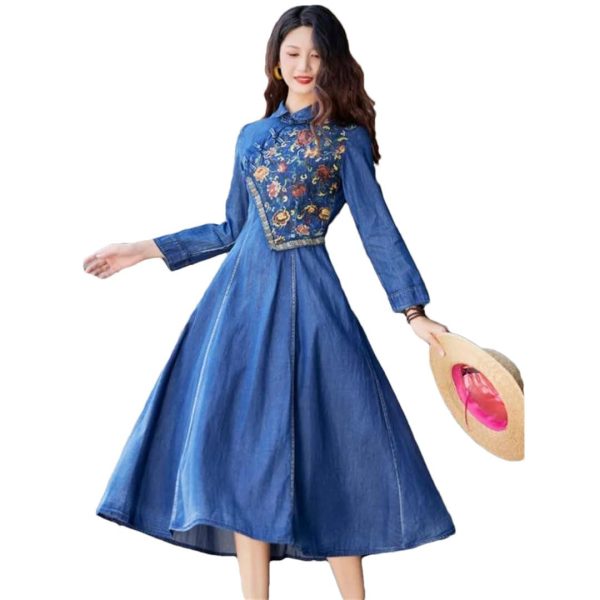 Women A-Line Denim Dress Embroidery Floral Vintage Midi Dress Long Sleeve Slim Joint Jeans Dress