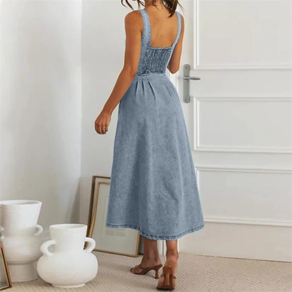 Women Vintage Denim Dresses Sexy Sleeveless Button Designswing Big Hem Vestidos Jeans Dress