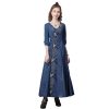 Women V-Neck Vintage Asymmetrical A-Line Dress Half Sleeve Buttons Retro Slim Chinese Denim Dresses