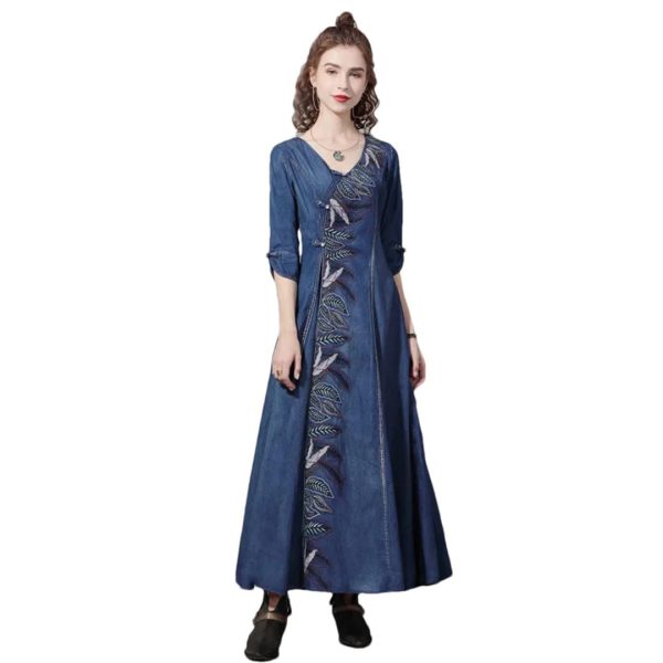Women V-Neck Vintage Asymmetrical A-Line Dress Half Sleeve Buttons Retro Slim Chinese Denim Dresses