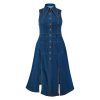 Women Sleeveless Large Jean Dresses Ladies Big Turn-Down Collar Split Long Denim Dress