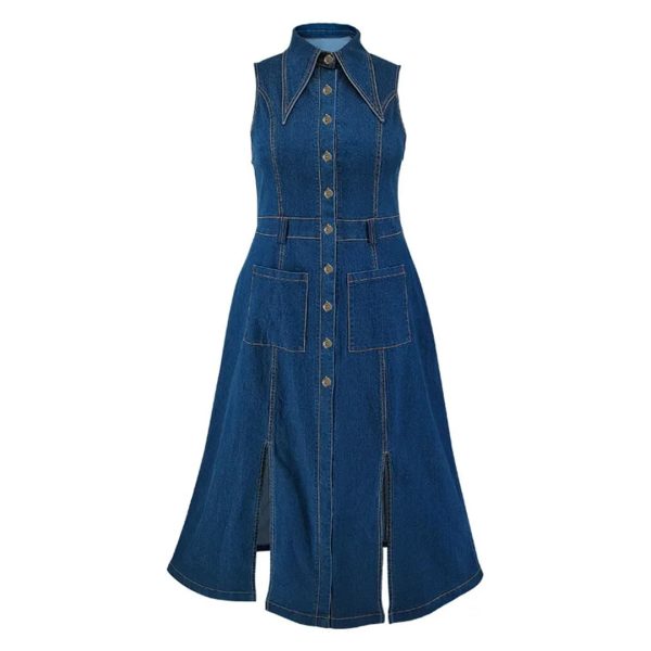 Women Sleeveless Large Jean Dresses Ladies Big Turn-Down Collar Split Long Denim Dress
