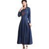 Women Turn-Down Collar Embroidery Split Joint A-Line Jeans Dress Chinese Long Denim Dress