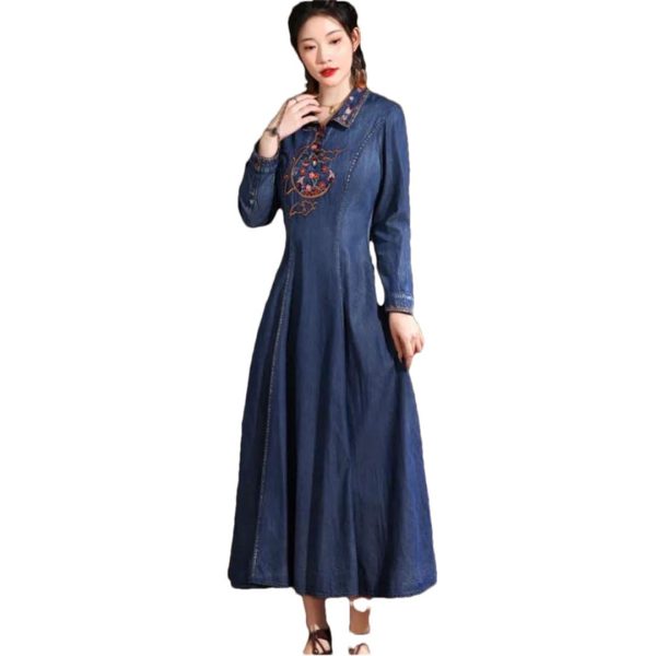 Women Turn-Down Collar Embroidery Split Joint A-Line Jeans Dress Chinese Long Denim Dress