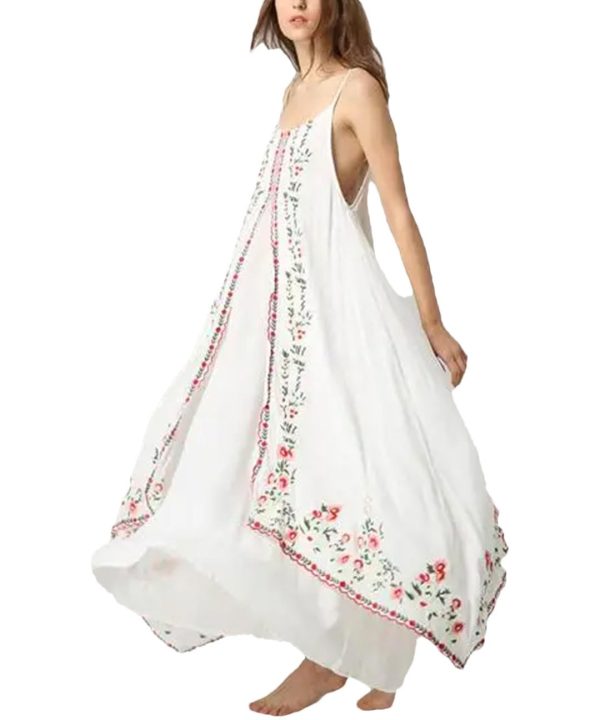 Women Maxi White Boho Vintage Floral Embroidered Sleeveless Strap Beach Long Dresses
