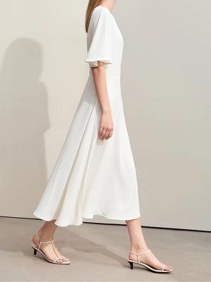 Women’S Mesh Ruffle Sleeve Dress - French Waist A-Line for Summer Office