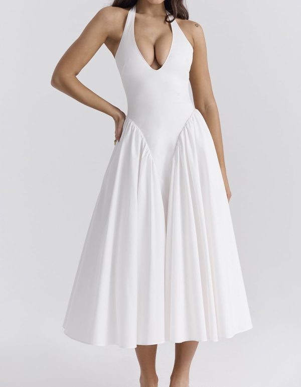 Women's Sexy Sleeveless Summer Dress Backless Deep V Neck Halter Bodycon Maxi Party Dress Beach Vacation Sundress