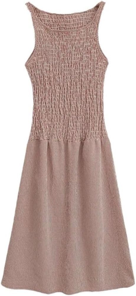 Smocked Bodice Midi Dress Women Sleeveless Textured Pattern Summer Casual Skirt for Daily Vacation Outfits