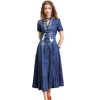Women Summer Vintage Single Breasted A-Line Denim Dress V-Neck Embroidery Split Joint Dresses