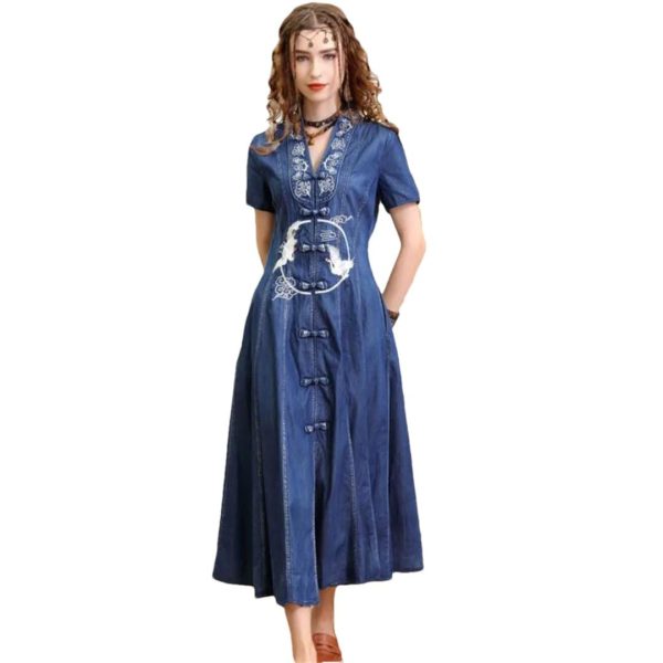 Women Summer Vintage Single Breasted A-Line Denim Dress V-Neck Embroidery Split Joint Dresses