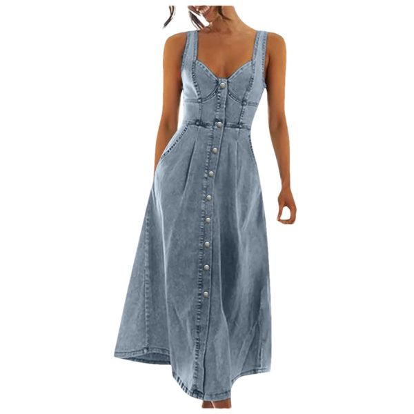 Women Vintage Denim Dresses Sexy Sleeveless Button Designswing Big Hem Vestidos Jeans Dress