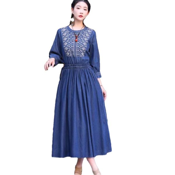 Women Vintage Denim Dress Embroidery A-Line Jeans Dress Round Neck High Waisted Pleated Midi Dress