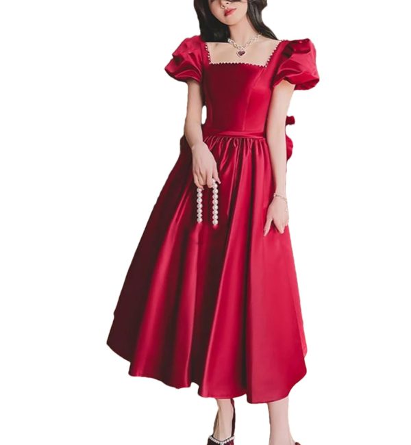 Women’S Beaded Bow Accent Midi Dress - Square Neck Satin for Spring Weddings & Parties