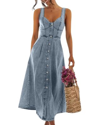 Women Vintage Denim Dresses Sexy Sleeveless Button Designswing Big Hem Vestidos Jeans Dress