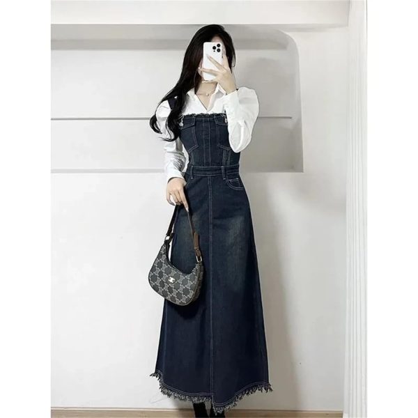 Women Spring Summer A- Line Tassel Jeans Dress Long Streetwear Vintage Strap Denim Dress