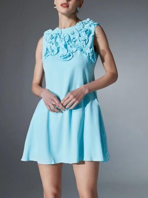 Women’s Round Neck Applique Dress - Sleeveless Slimming Summer Casual Outfit