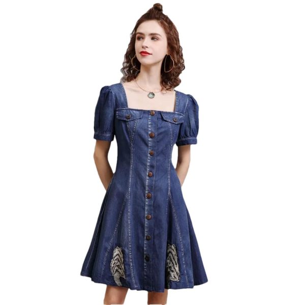 Women Square Collar Vintage Short A-Line Dress Slim Split Joint Single Breasted Mini Puff Sleeve Denim Dress