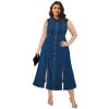 Women Sleeveless Large Jean Dresses Ladies Big Turn-Down Collar Split Long Denim Dress