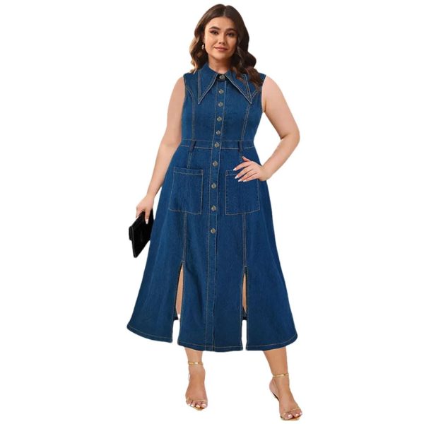Women Sleeveless Large Jean Dresses Ladies Big Turn-Down Collar Split Long Denim Dress