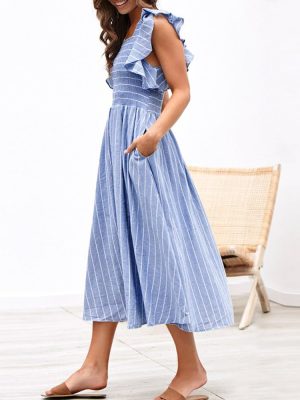 Womens Casual Summer Midi Dress Short Sleeve Smocked Linen Dresses 2025 Boho Beach Wedding Guest Dress with Pockets