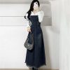 Women Spring Summer A- Line Tassel Jeans Dress Long Streetwear Vintage Strap Denim Dress