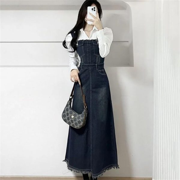 Women Spring Summer A- Line Tassel Jeans Dress Long Streetwear Vintage Strap Denim Dress