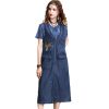 Women Summer Sleeveless Denim Dress V-Neck Zipper Embroidery Vintage Midi Dress Pockets Overall Jeans Dress