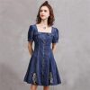 Women Square Collar Vintage Short A-Line Dress Slim Split Joint Single Breasted Mini Puff Sleeve Denim Dress