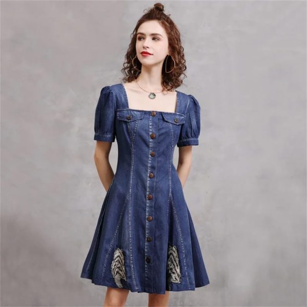 Women Square Collar Vintage Short A-Line Dress Slim Split Joint Single Breasted Mini Puff Sleeve Denim Dress