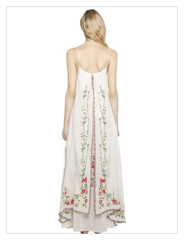 Women Maxi White Boho Vintage Floral Embroidered Sleeveless Strap Beach Long Dresses
