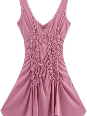 Asymmetric Gathered Mini Dress Sleeveless V Neck Short Skirt for Women Summer Holiday Casual Elegant Outfit