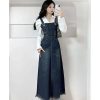 Women Spring Summer A- Line Tassel Jeans Dress Long Streetwear Vintage Strap Denim Dress