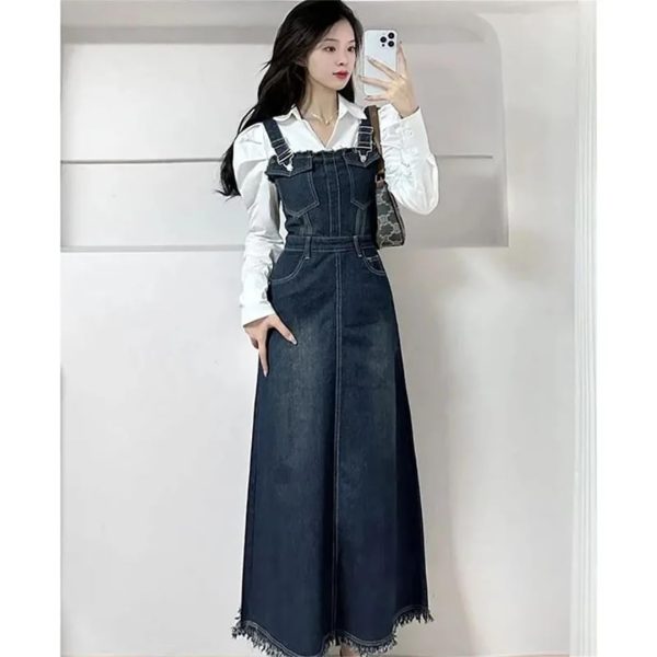 Women Spring Summer A- Line Tassel Jeans Dress Long Streetwear Vintage Strap Denim Dress