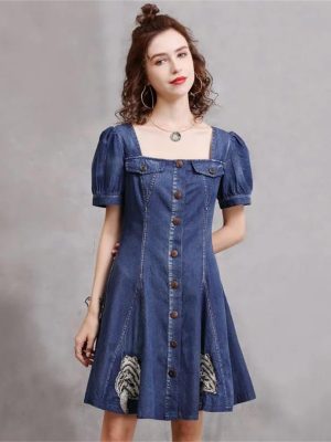 Women Square Collar Vintage Short A-Line Dress Slim Split Joint Single Breasted Mini Puff Sleeve Denim Dress