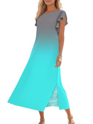 Women's Gradient Color Maxi Dress with Ruffle Sleeves and Pockets Casual Loose Fit Summer Beach Sundress