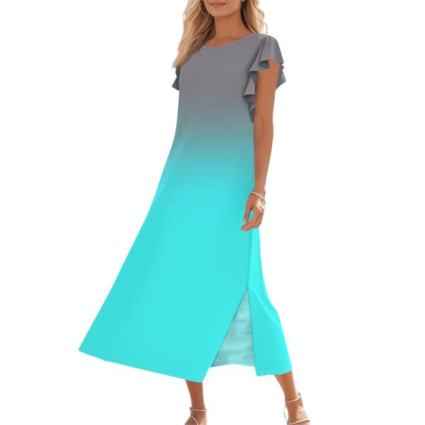 Women's Gradient Color Maxi Dress with Ruffle Sleeves and Pockets Casual Loose Fit Summer Beach Sundress