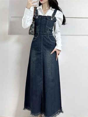 Women Spring Summer A- Line Tassel Jeans Dress Long Streetwear Vintage Strap Denim Dress