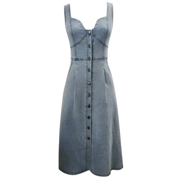 Women Vintage Denim Dresses Sexy Sleeveless Button Designswing Big Hem Vestidos Jeans Dress
